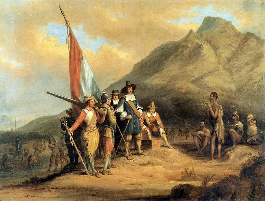 Jan van Riebeeck arrives in Table Bay, April 1652, painted by Charles Davidson Bell before 1851.