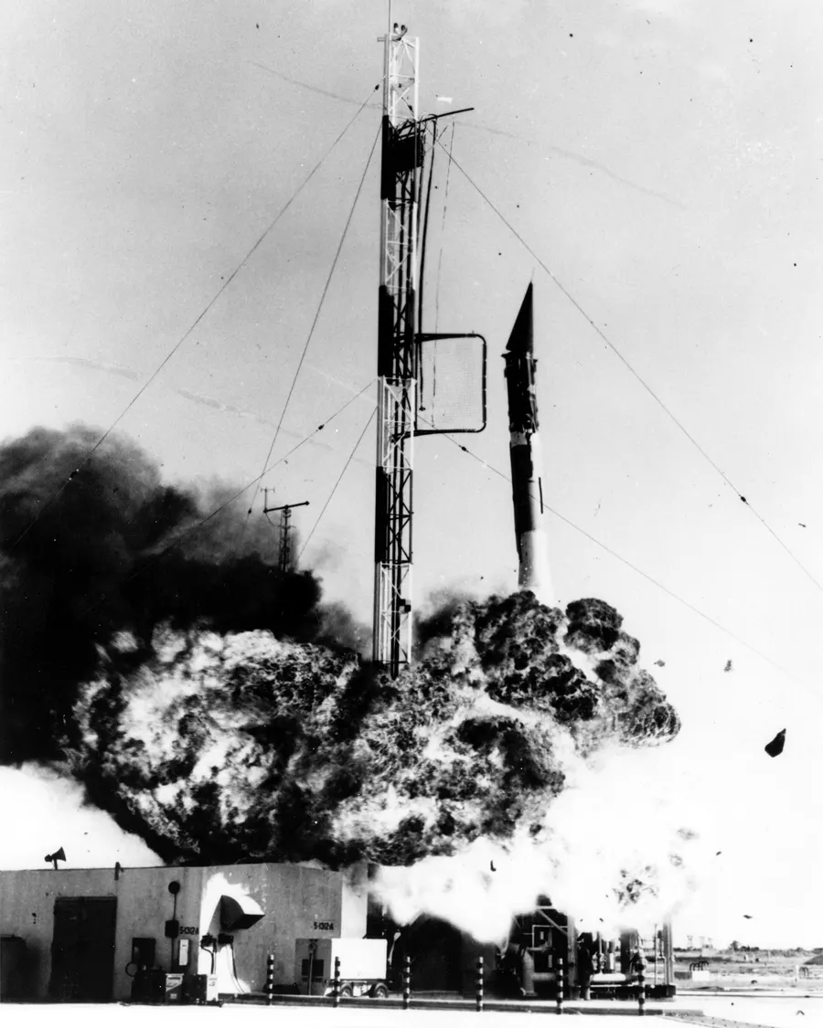 The Vanguard rocket explodes on its launch pad at Cape Canaveral, 6 December 1957.