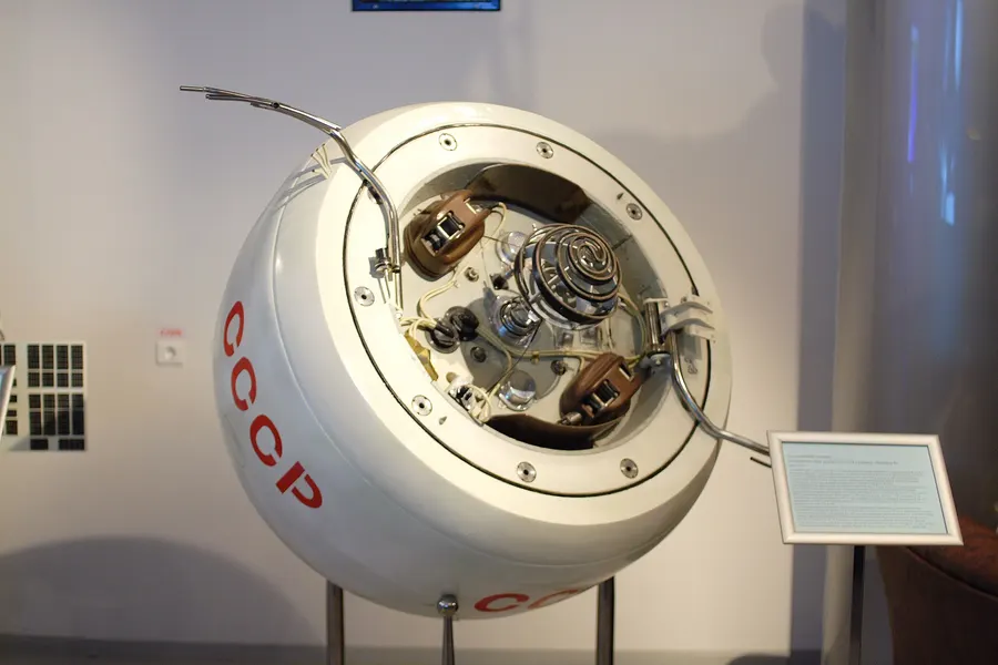 A Venera 4 descent capsule on display in a museum.