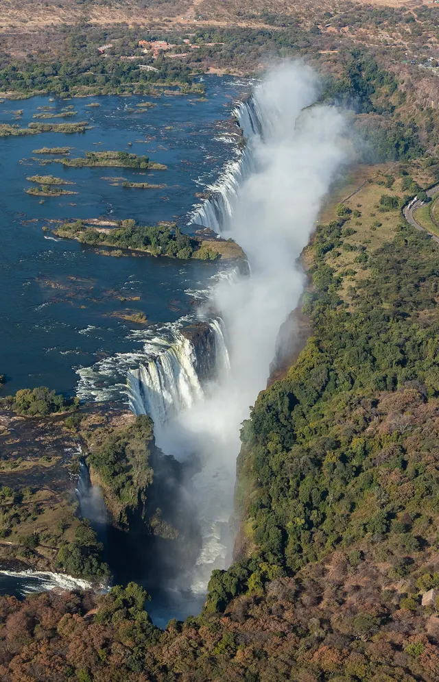 The Victoria Falls on the Zambezi, between Zambia and Zimbabwe, seen from the air in 2018.