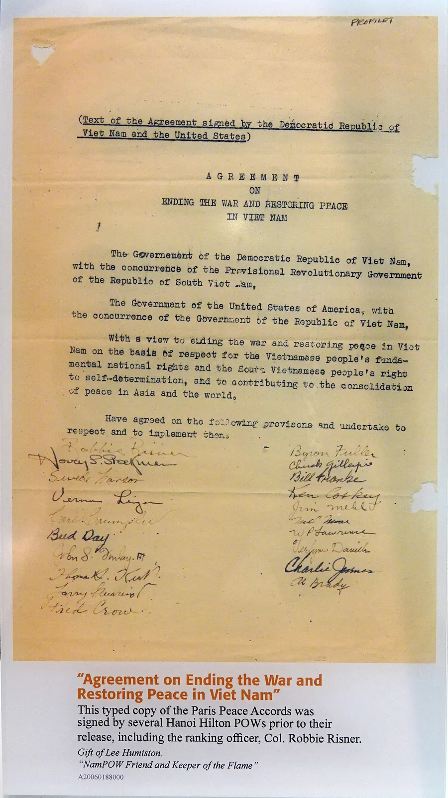A copy of the 1973 Paris agreement on ending the war in Vietnam, on display at the Smithsonian's Udvar-Hazy Center.