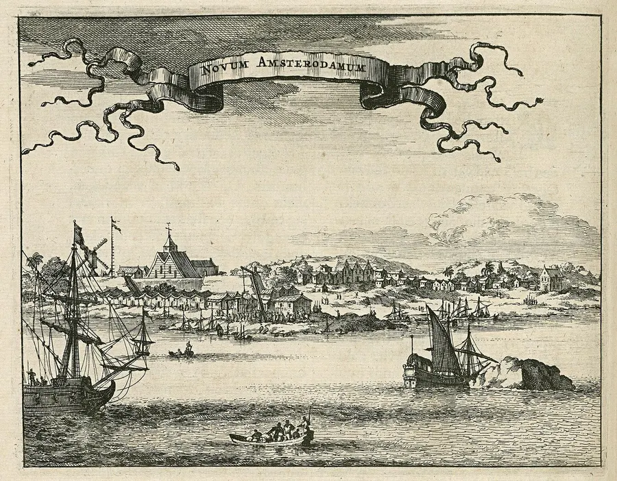 An early engraved view of New Amsterdam, the Dutch settlement at the tip of Manhattan.