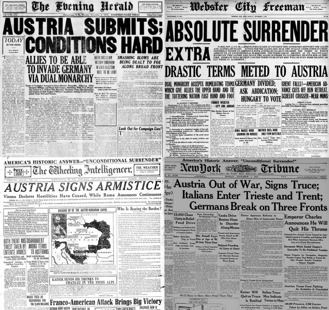 American newspapers of 4 November 1918 report the surrender of Austria-Hungary.