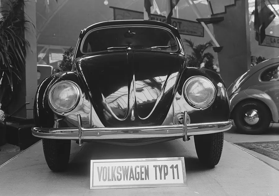 An early export Volkswagen, sold as the Type 11, on show at the Amsterdam motor show in 1948.