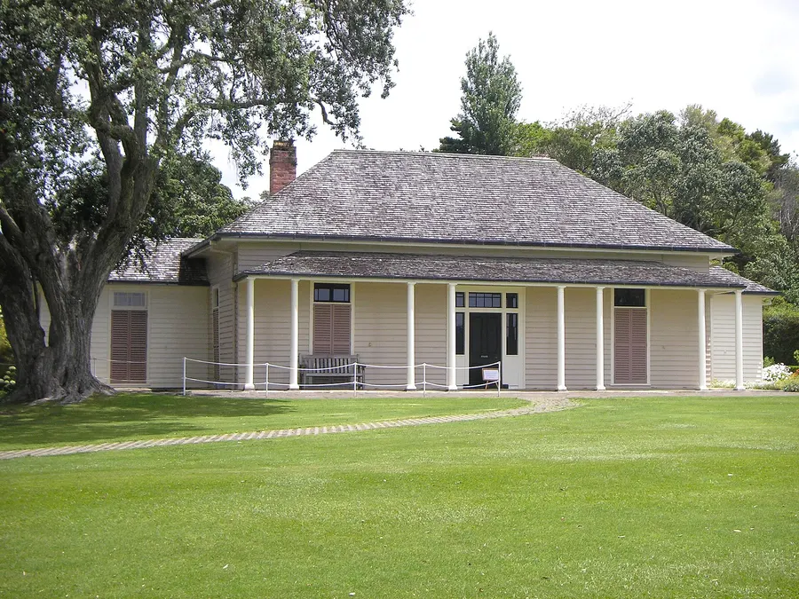 The Treaty House at Waitangi, the home of the British Resident James Busby, in front of which the treaty was signed.