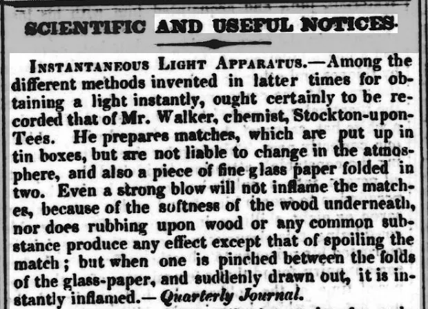 A notice of Mr Walker's 'instantaneous light apparatus', as reprinted in the Sheffield Independent in 1829.