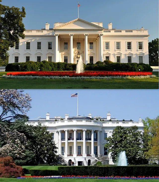 The north (top) and south (bottom) fronts of the White House.