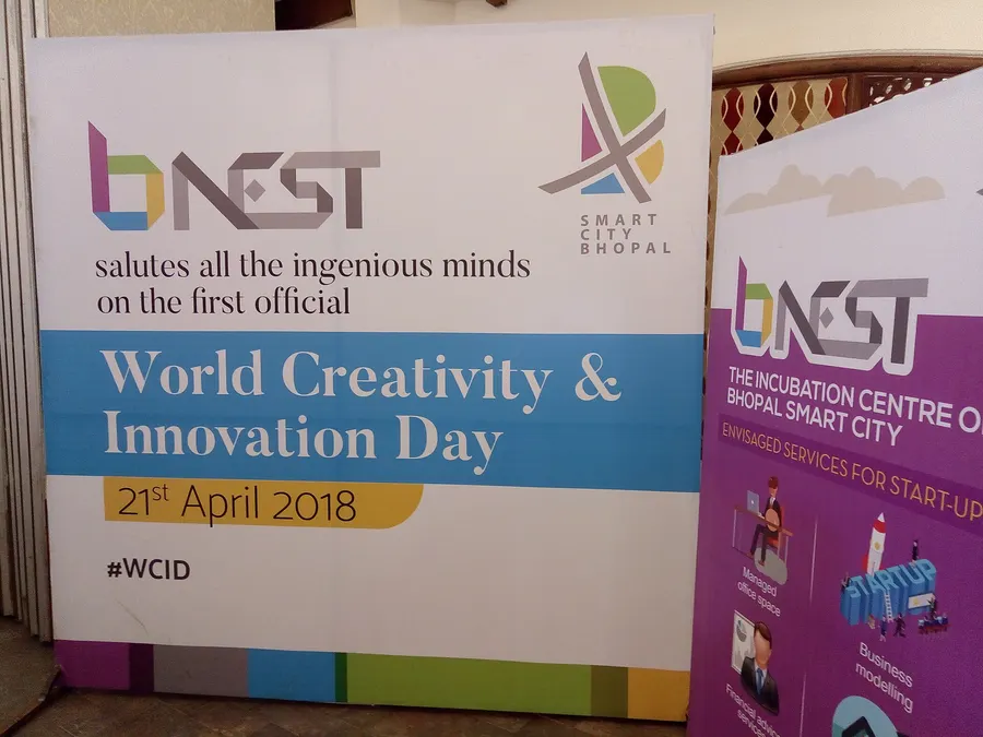 Banners for World Creativity and Innovation Day at an innovation centre in Bhopal, India, in 2018.