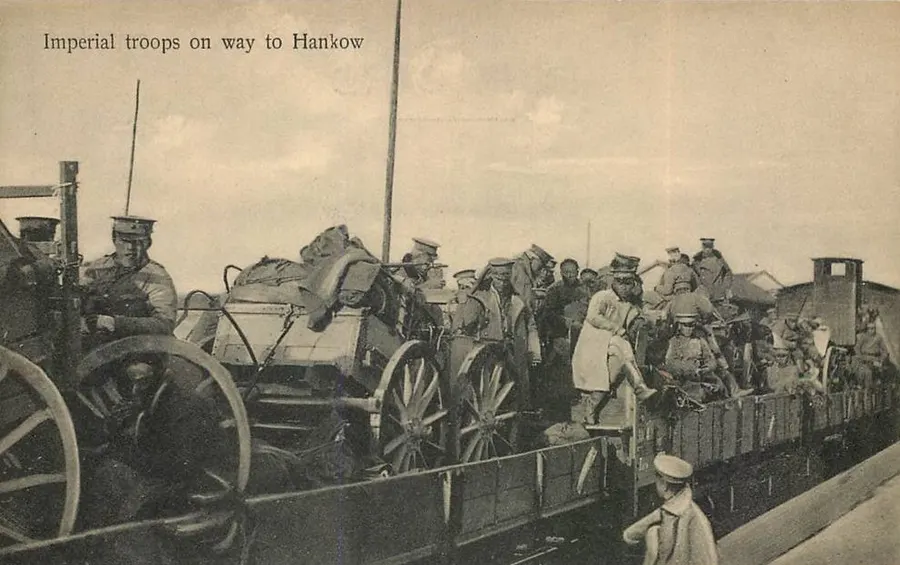 Beiyang Army troops under Yuan Shikai on their way to Hankou to fight the revolutionaries, from a postcard published in 1911.