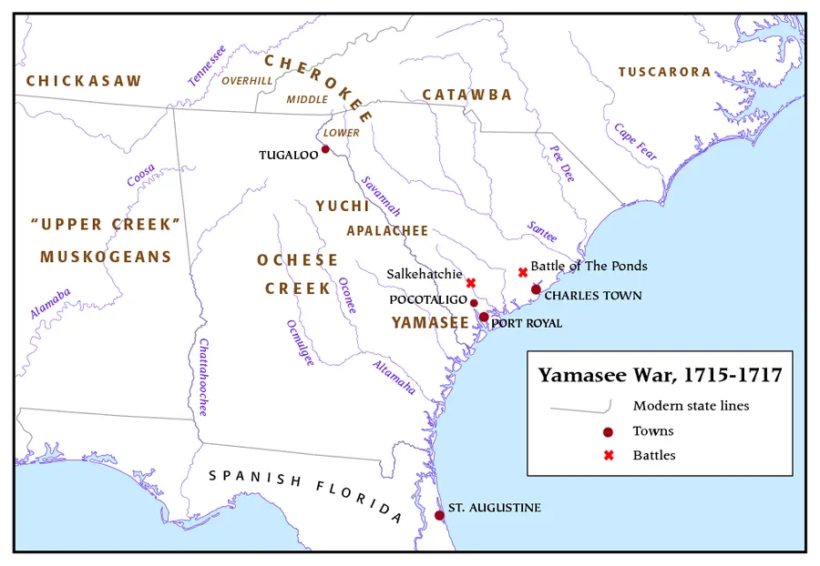A modern map of the Yamasee War of 1715 to 1717 in the south-eastern colonies.