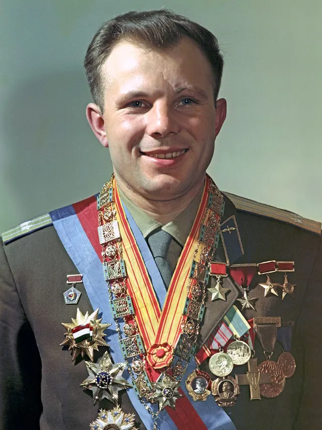Yuri Gagarin wearing his awards.